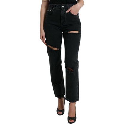 Dolce & Gabbana Black Cotton High Waist Tattered Denim Jeans