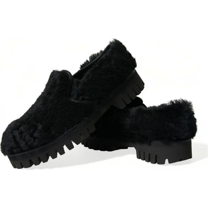 Dolce & Gabbana Black Fur Leather Slippers Dress Shoes