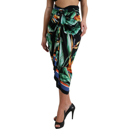 Dolce & Gabbana Black Strelitzia High Waist Wrap Midi Skirt