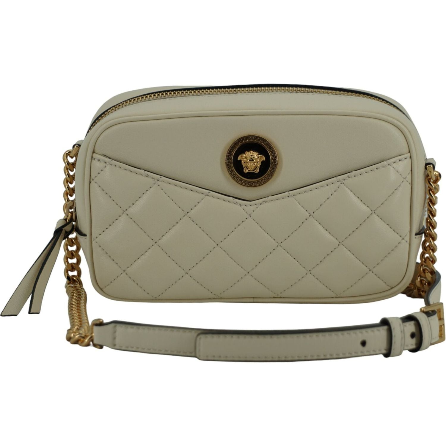 Versace White Lamb Leather Small Camera Crossbody Bag