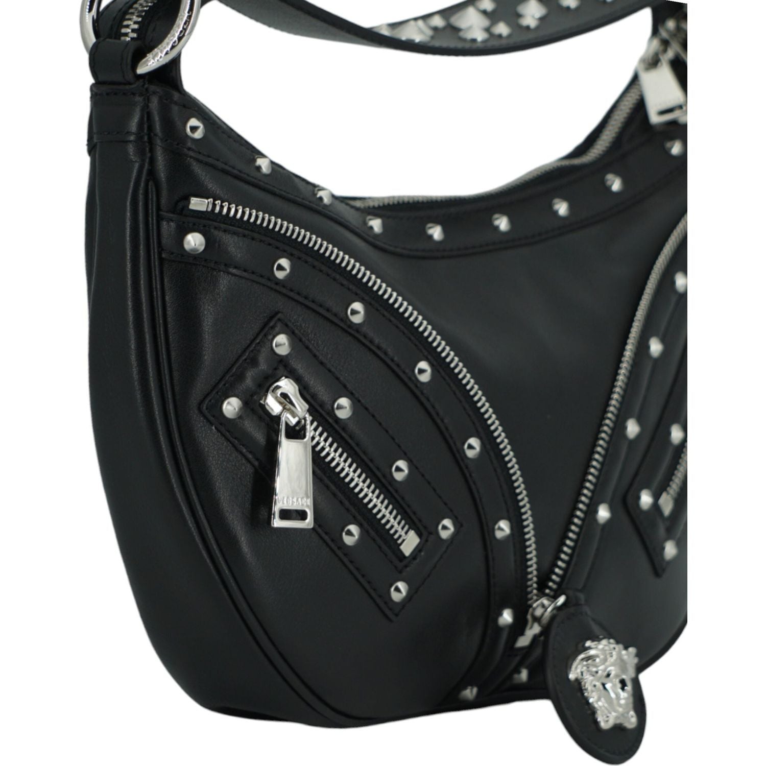 Versace Elegant Black Leather Hobo Shoulder Bag