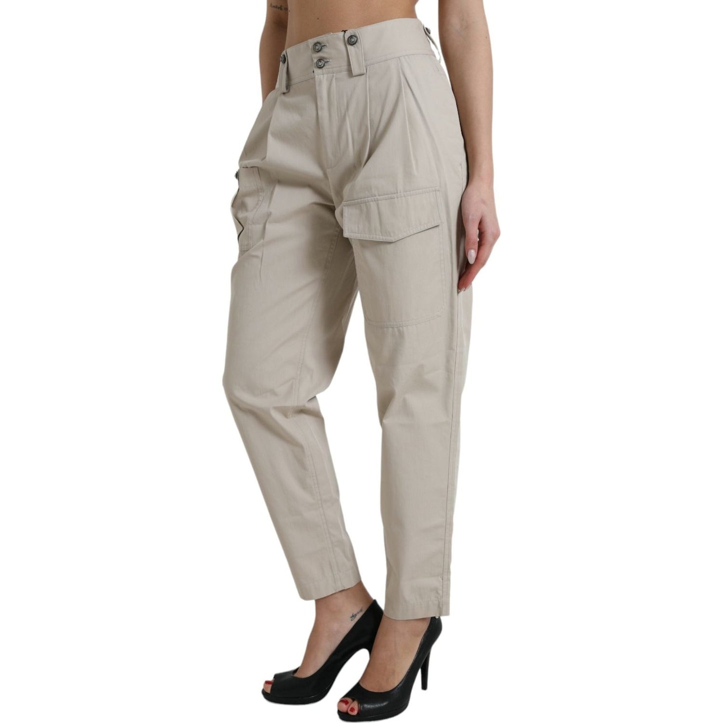 Dolce & Gabbana Beige Cotton High Waist Tapered Pants