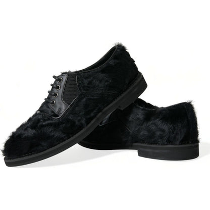 Dolce & Gabbana Black Fur Leather Lace Up Derby Dress Shoes