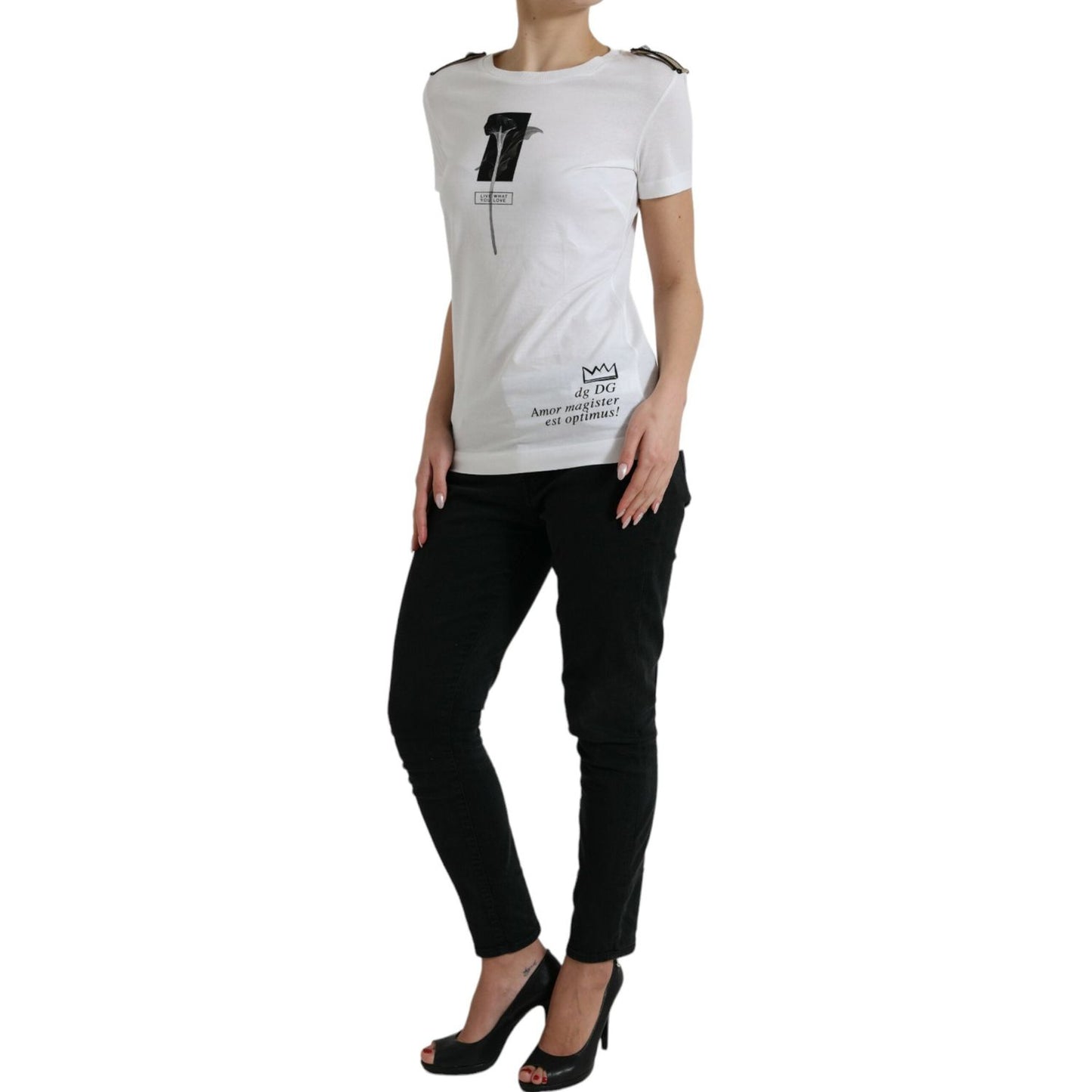 Dolce & Gabbana White Black Roses Crewneck Cotton T-shirt