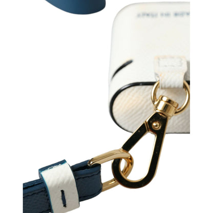 Dolce & Gabbana White Blue Calf Leather Logo Print Strap Airpods Case