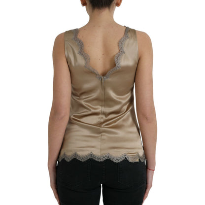 Dolce & Gabbana Brown Lace Trim V-neck Sleeveless Tank Top