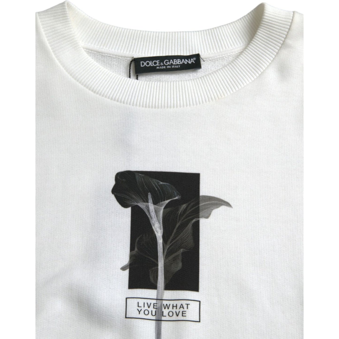 Dolce & Gabbana White Floral Cotton Crew Neck Pullover Sweater
