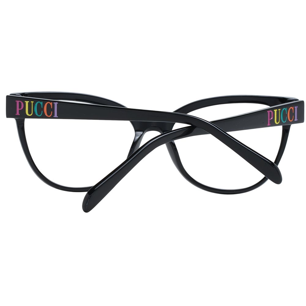 Emilio Pucci Black Women Glasses Frame with full-rim plastic design, butterfly style, demo lenses, and branded case.