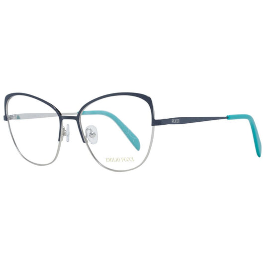 Emilio Pucci Blue Women Glasses Frame in cat eye style with full-rim metal frame and demo lenses, featured with branded case.