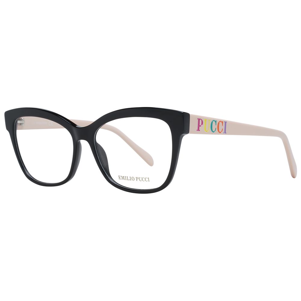 Alt Tag: Emilio Pucci Black Women Glasses Frame, square full-rim design, black plastic, demo lenses, includes branded case.