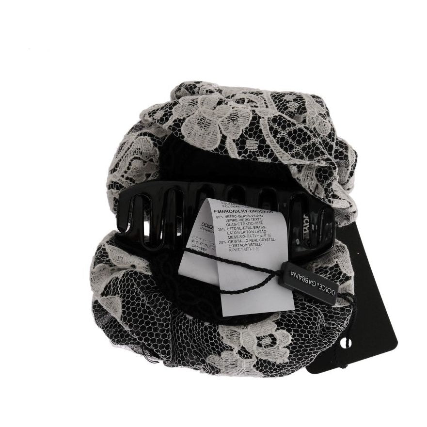 Dolce & Gabbana Black White Floral Lace Crystal Hair Claw