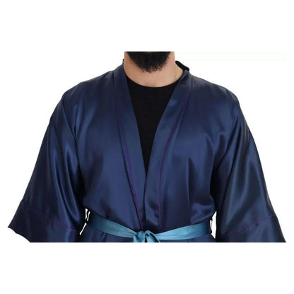 Dolce & Gabbana Blue Satin Silk Waist Belt Robe Jacket