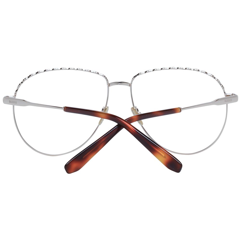 Rear view of round metal frame Sandro Rose Gold Women Glasses Frame with tortoiseshell temples crossed.