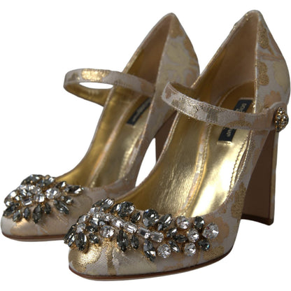 Dolce & Gabbana Gold Jacquard Crystal Mary Janes Pumps Shoes