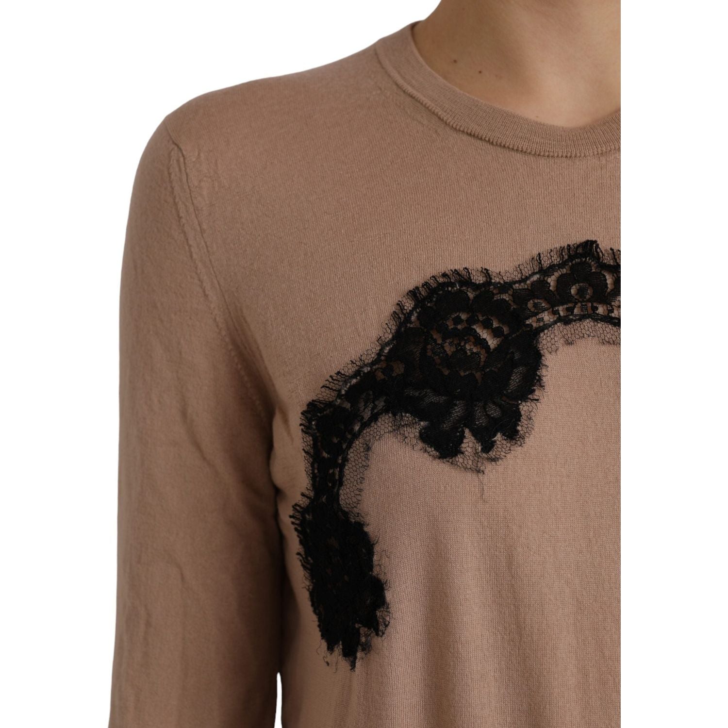 Dolce & Gabbana Brown Wool Black Lace 3/4 Sleeve Blouse Top