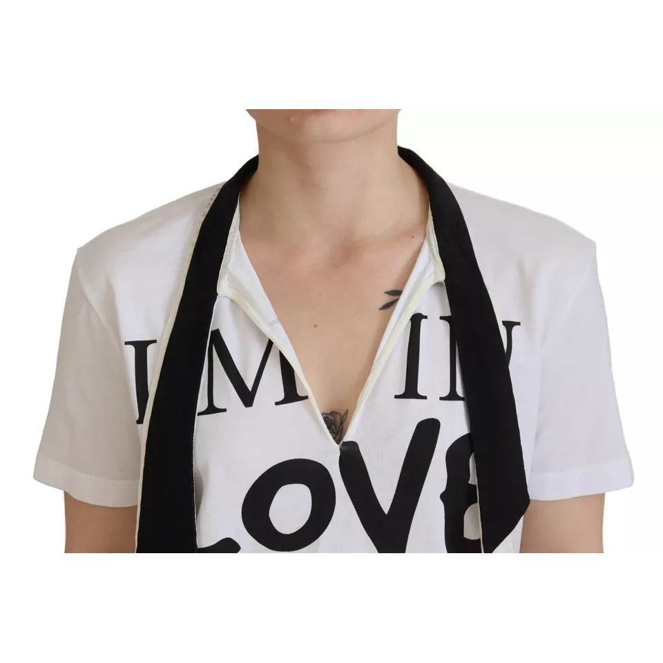 Dolce & Gabbana White Cotton Printed Ascot Collared T-shirt