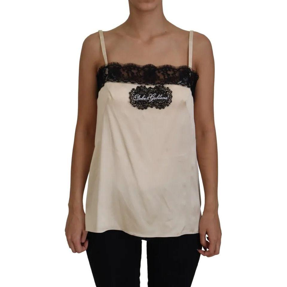 Dolce & Gabbana Beige Lace Spaghetti Logo Embroidery Top