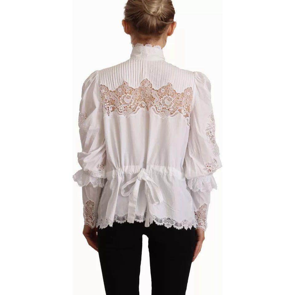 Dolce & Gabbana White Cotton Lace Trim Turtle Neck Blouse Top