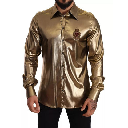 Dolce & Gabbana Metallic Gold DG Embroidered Crown Silk Top Shirt