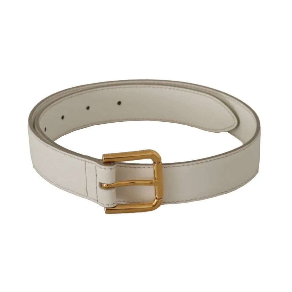 Dolce & Gabbana White Leather Gold Logo Engraved Metal Buckle Belt