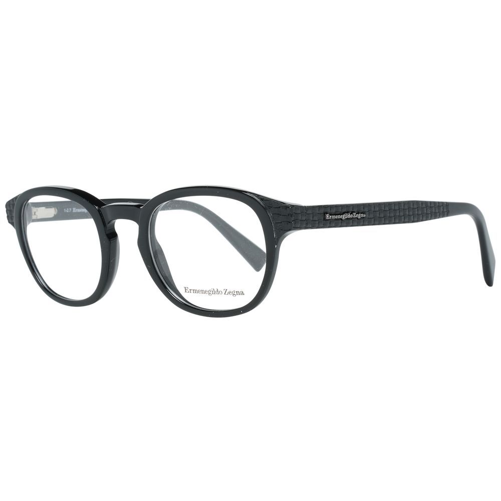 Ermenegildo Zegna Black Men Glasses Frame, full-rim round design, black plastic material, size 48-22-145, includes branded case.