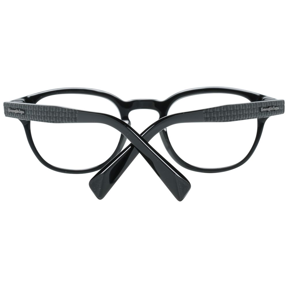 Ermenegildo Zegna Black Men Glasses Frame in black plastic, round full-rim style, includes branded case, size 48-22-145.