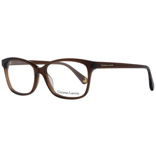 Christian Lacroix Brown Women Glasses Frame in plastic, trapezium style with full-rim and demo lenses, size 53-15-140.