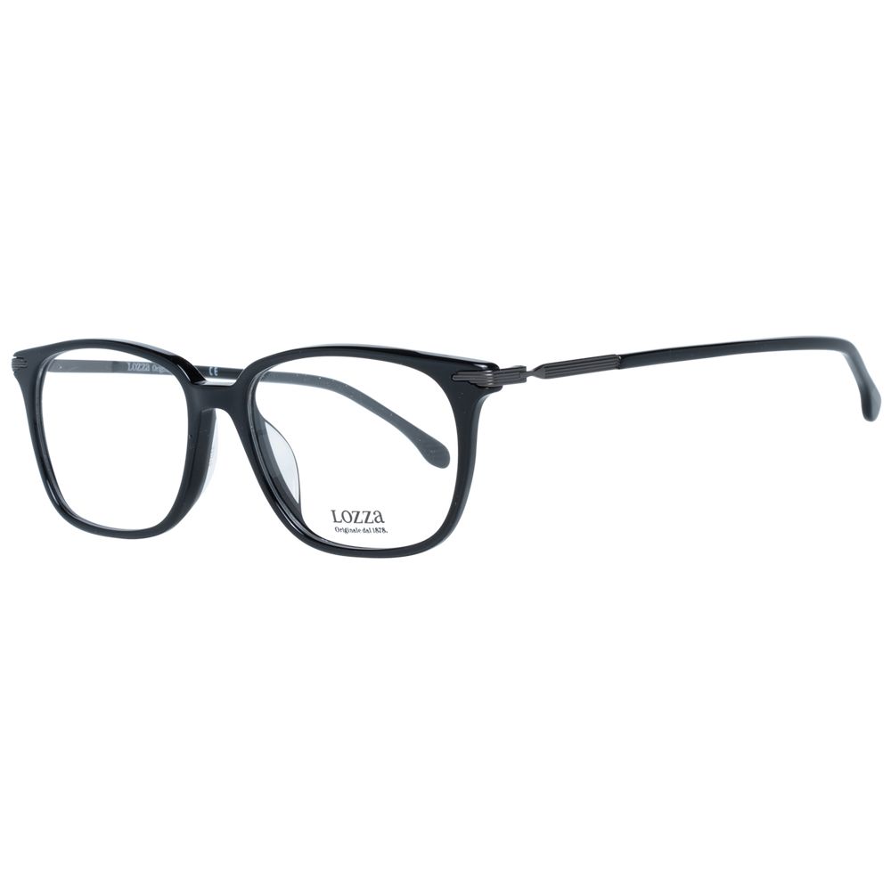 Lozza Black Men Glasses Frame, plastic full-rim rectangle style with demo lenses, size 53-16-145, includes branded case.