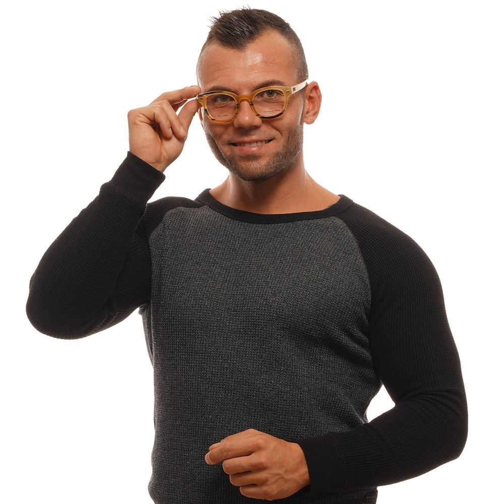 Man wearing Ermenegildo Zegna Multicolor Men Glasses Frame with horn material, full-rim round style, and spring hinge.