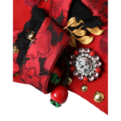 Dolce & Gabbana Red Crystal Gold Roses Brooch Embellished Hat