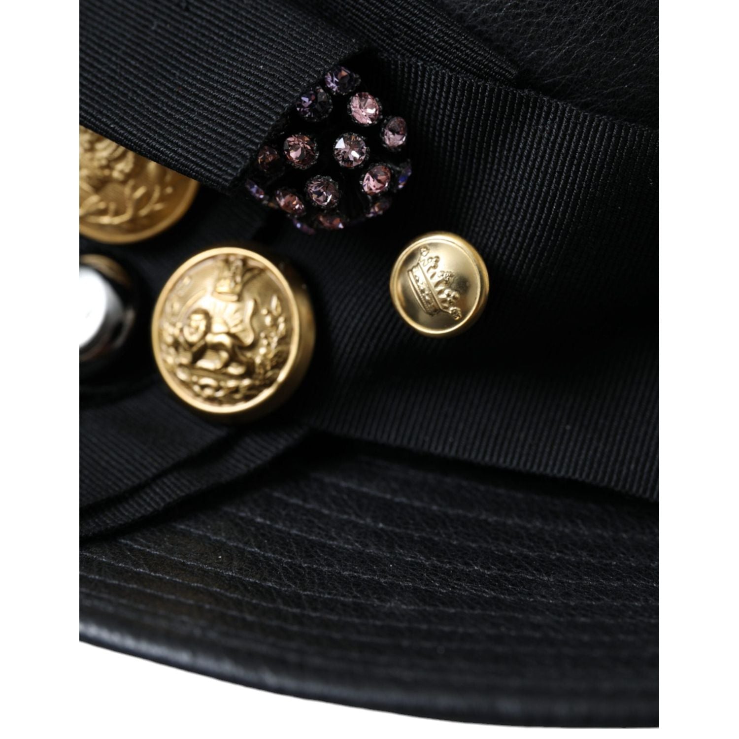 Dolce & Gabbana Black Leather DG Coin Crystal Wide Brim Hat