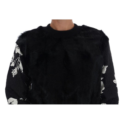 Dolce & Gabbana Black Fur Floral Brocade Zipper Sweater
