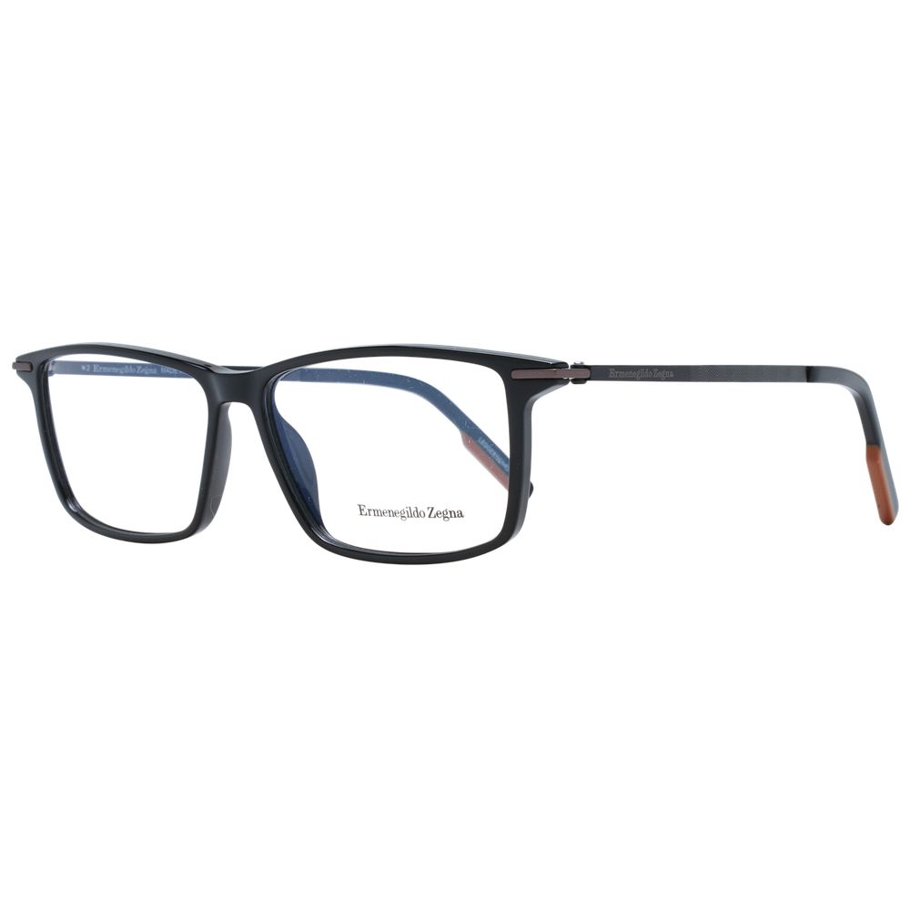 Ermenegildo Zegna Black Men Glasses Frame, full-rim rectangle style, black plastic material, demo lenses included.