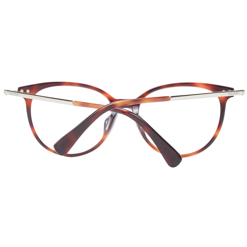 Max Mara Brown Women Glasses Frame with full-rim round style and plastic material, shown with crossed temples. Size 53-16-140.