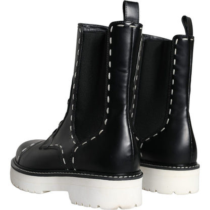 Dolce & Gabbana Black Leather Combat Mid Calf Boots Shoes