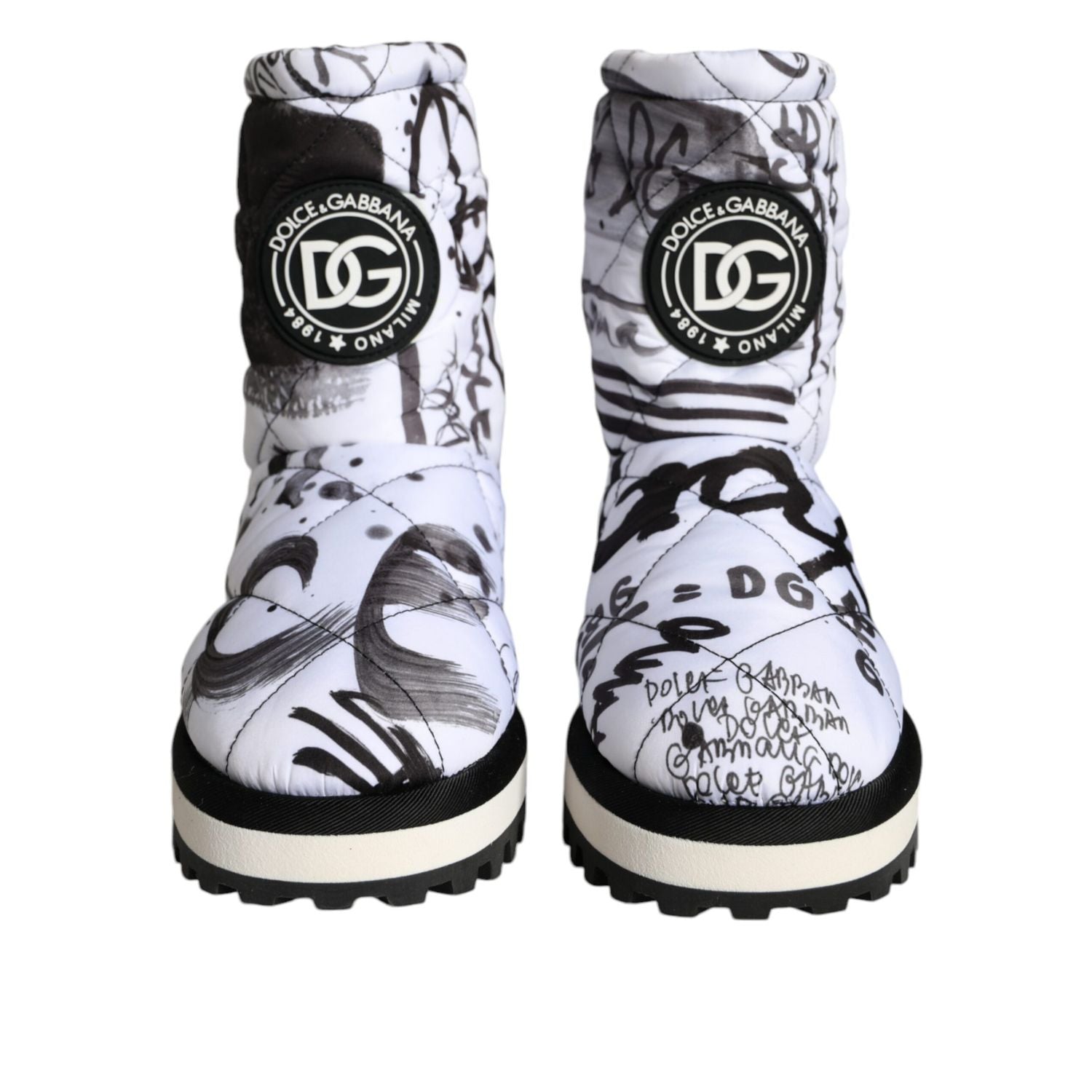 Dolce & Gabbana White Padded Logo Print Mid Calf Boots Shoes