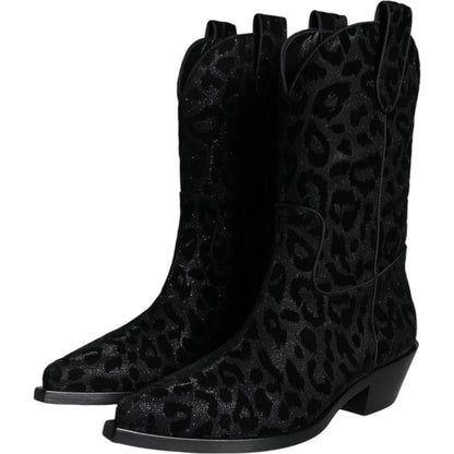 Dolce & Gabbana Black Gray Leopard Cowboy Boots Shoes