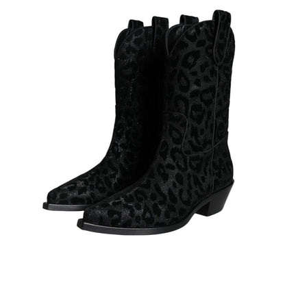 Dolce & Gabbana Black Gray Leopard Cowboy Boots Shoes