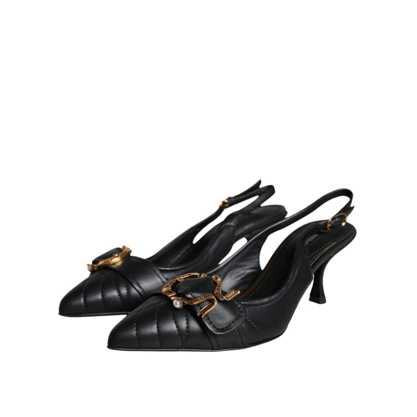 Dolce & Gabbana Black Devotion Leather Heels Slingback Shoes
