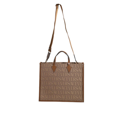 Versace Brown Top Handle Jacquard Leather Logo Crossbody Tote Bag
