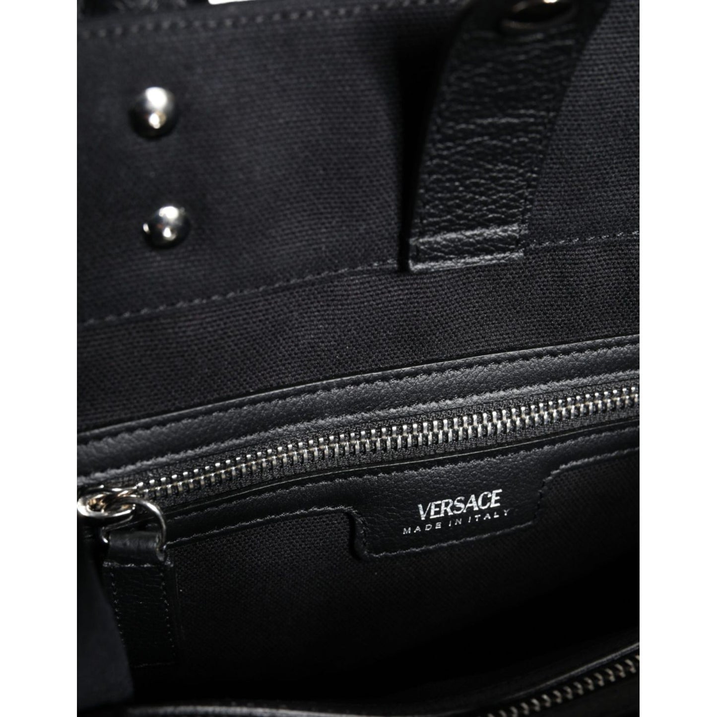 Versace Black Top Handle Canvas Leather Logo Crossbody Tote Bag