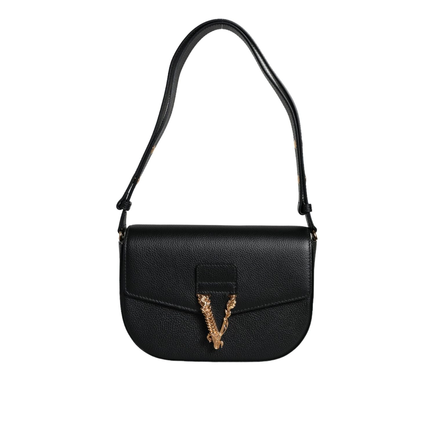 Versace Black Grainy Calf Leather Logo Crossbody Shoulder Bag