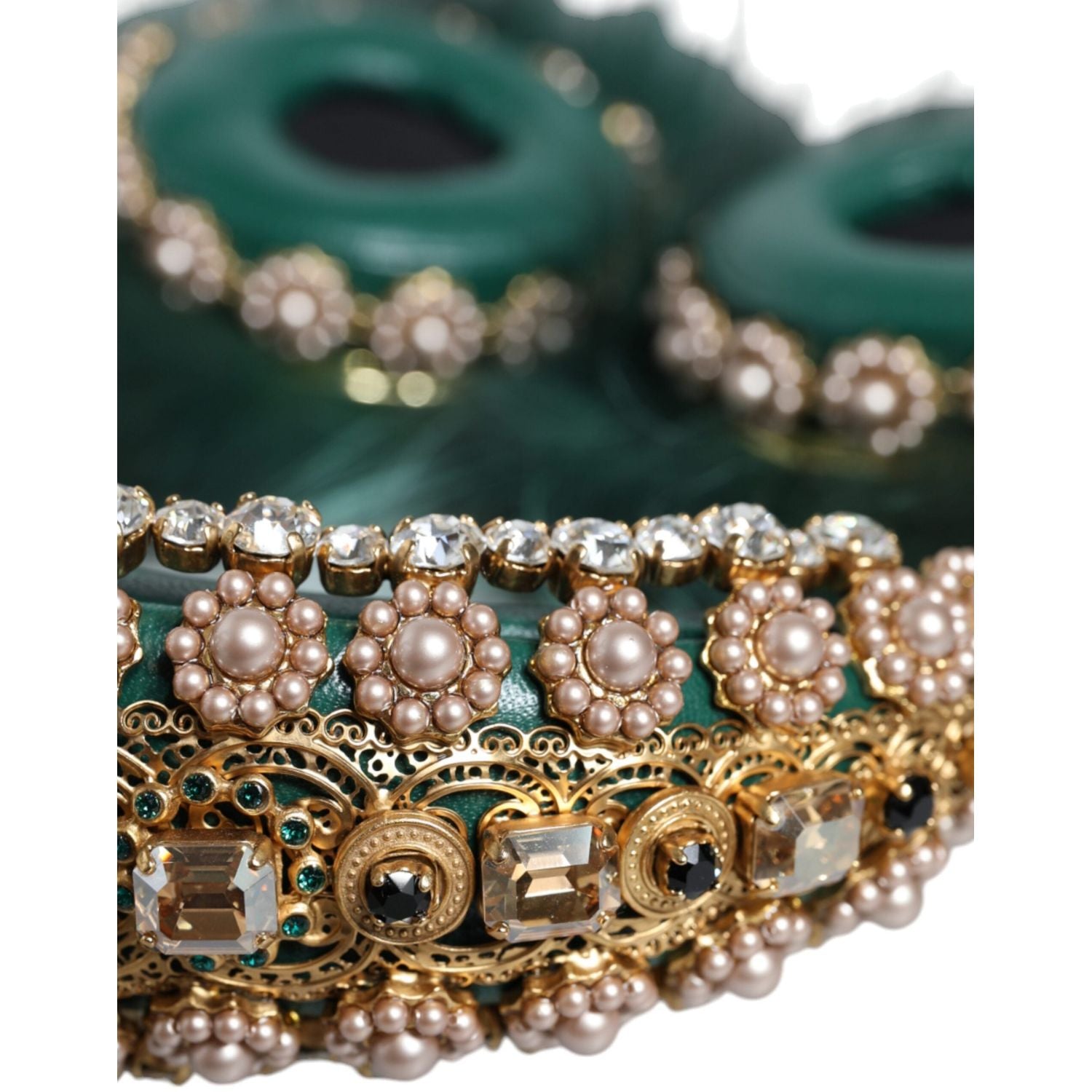 Dolce & Gabbana Green Gold Crystal Fur Headset Audio AUX Headphones