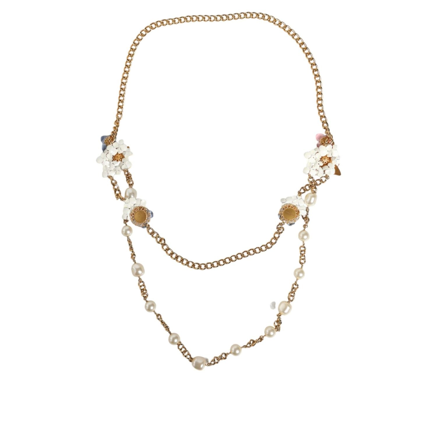 Dolce & Gabbana Gold Chain Brass Floral Layered Crystal Pearl Necklace