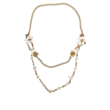 Dolce & Gabbana Gold Chain Brass Floral Layered Crystal Pearl Necklace