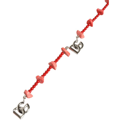 Dolce & Gabbana Silver Tone Brass Beaded Resin DG Logo Chain Necklace