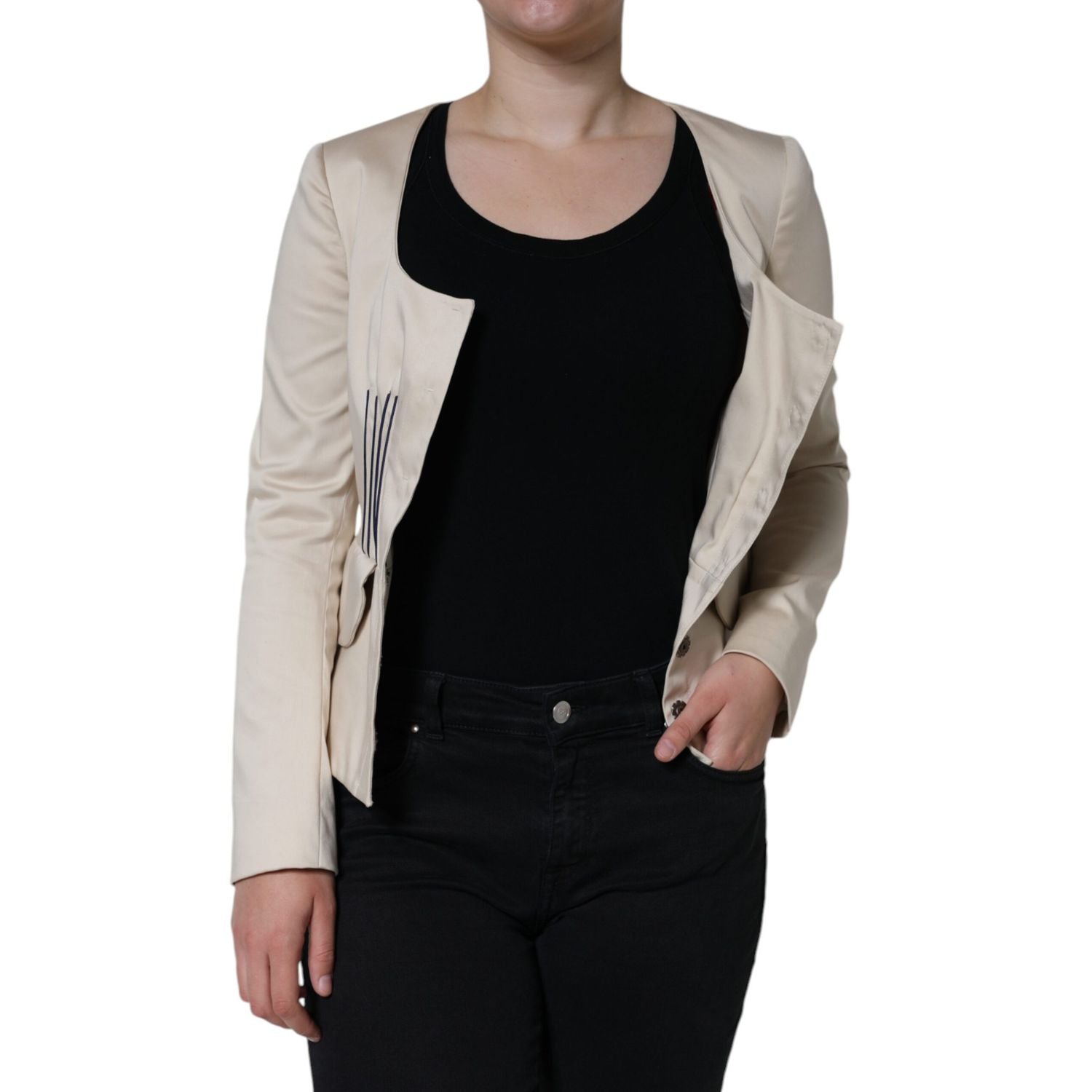 Valentino Beige Cotton Long Sleeves Round Neck Blazer Jacket