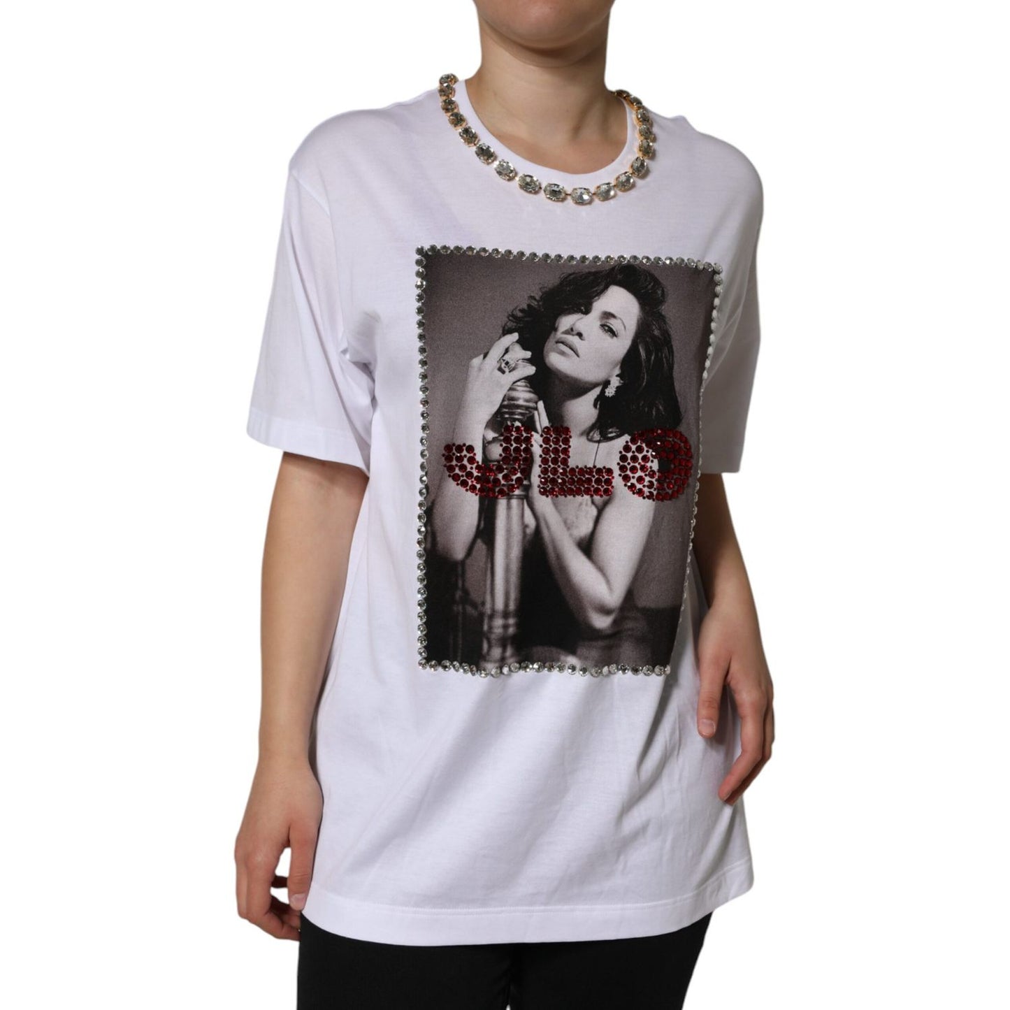 Dolce & Gabbana White Crystal Neckline Embellished Printed T-shirt