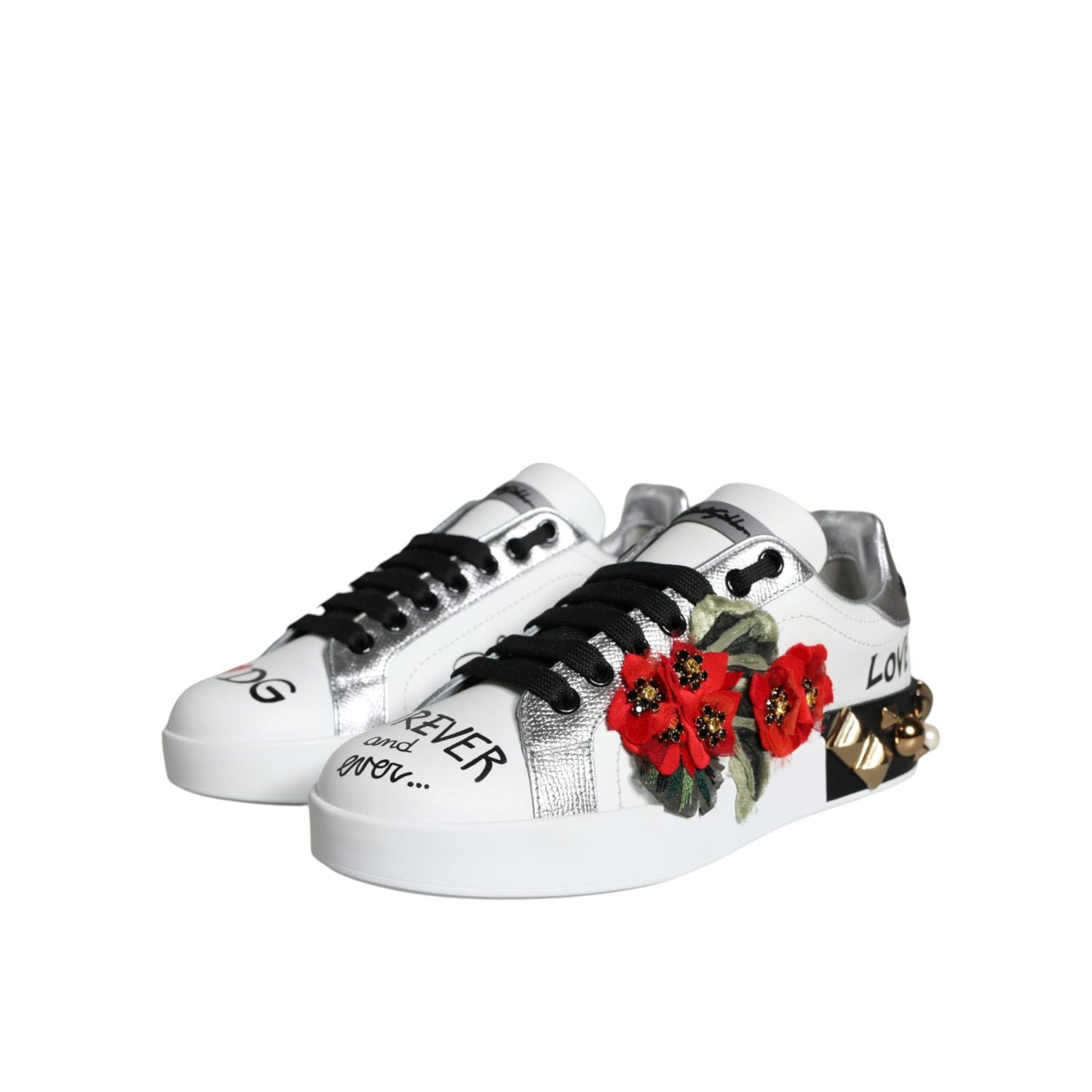 Dolce & Gabbana White Leather Floral Studded Sneakers Shoes