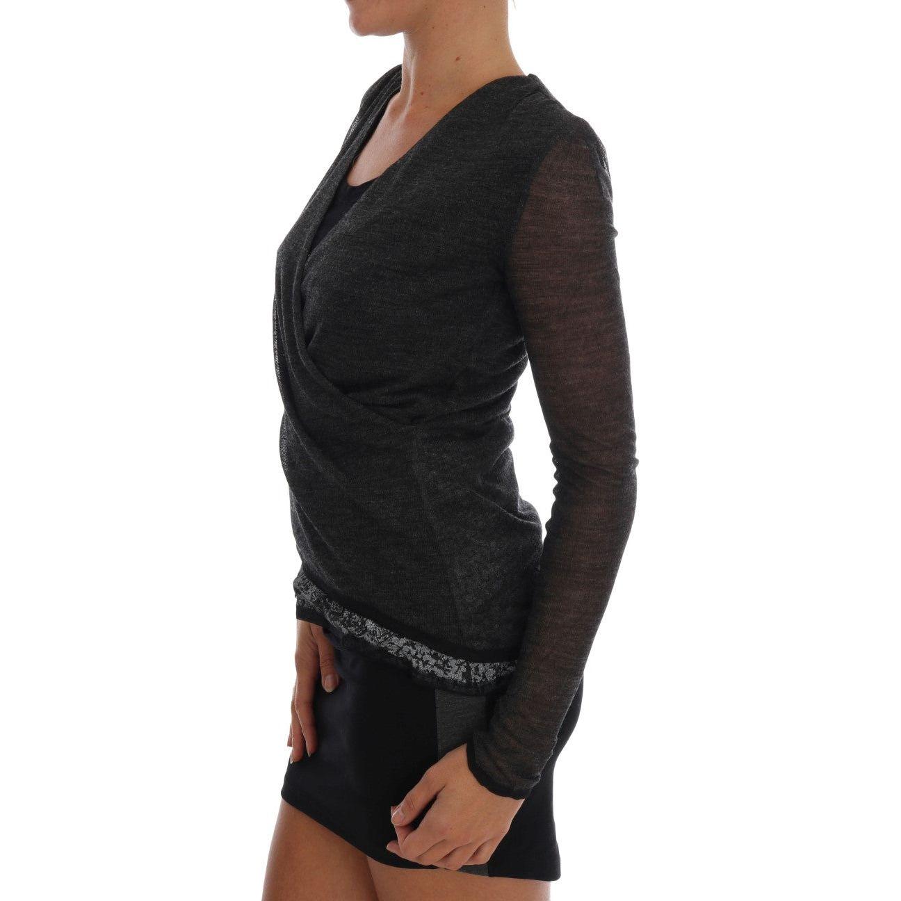 Ermanno Scervino Gray Wool Lace Top Long Sleeved T-shirt